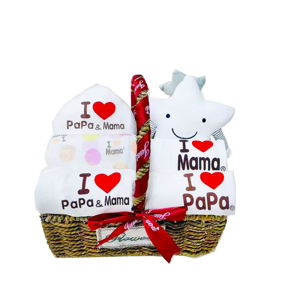 JP Newborn Baby Shower Basket Hamper Gift Sets "I love papa mama" 0-6months Musical Rattle Clothes all in one Pack