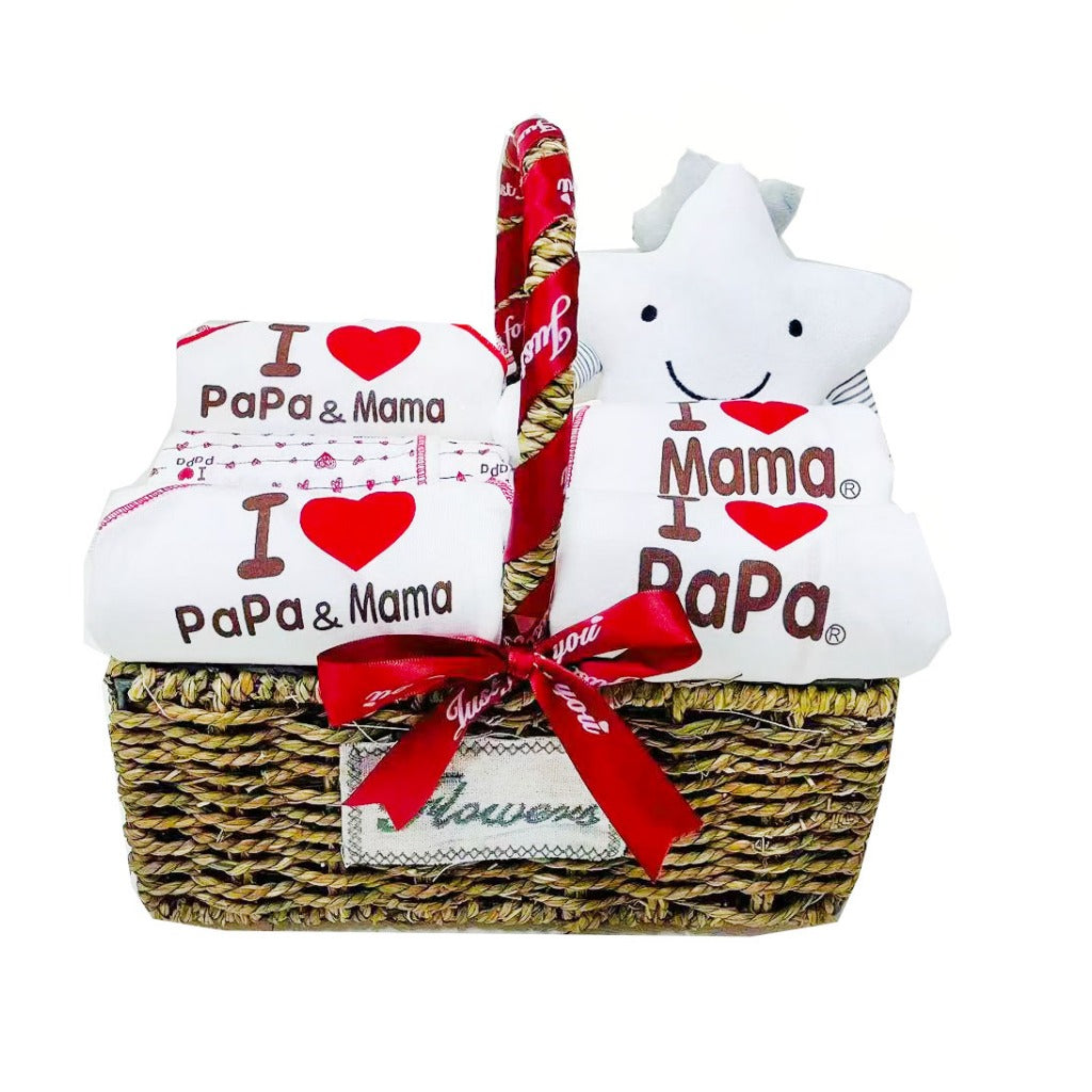JP Newborn Baby Shower Basket Hamper Gift Sets "I love papa mama" 0-6months Musical Rattle Clothes all in one Pack