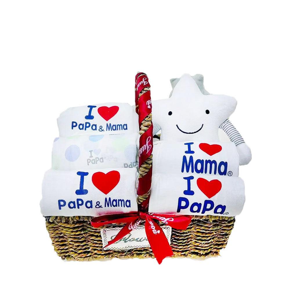 JP Newborn Baby Shower Basket Hamper Gift Sets "I love papa mama" 0-6months Musical Rattle Clothes all in one Pack