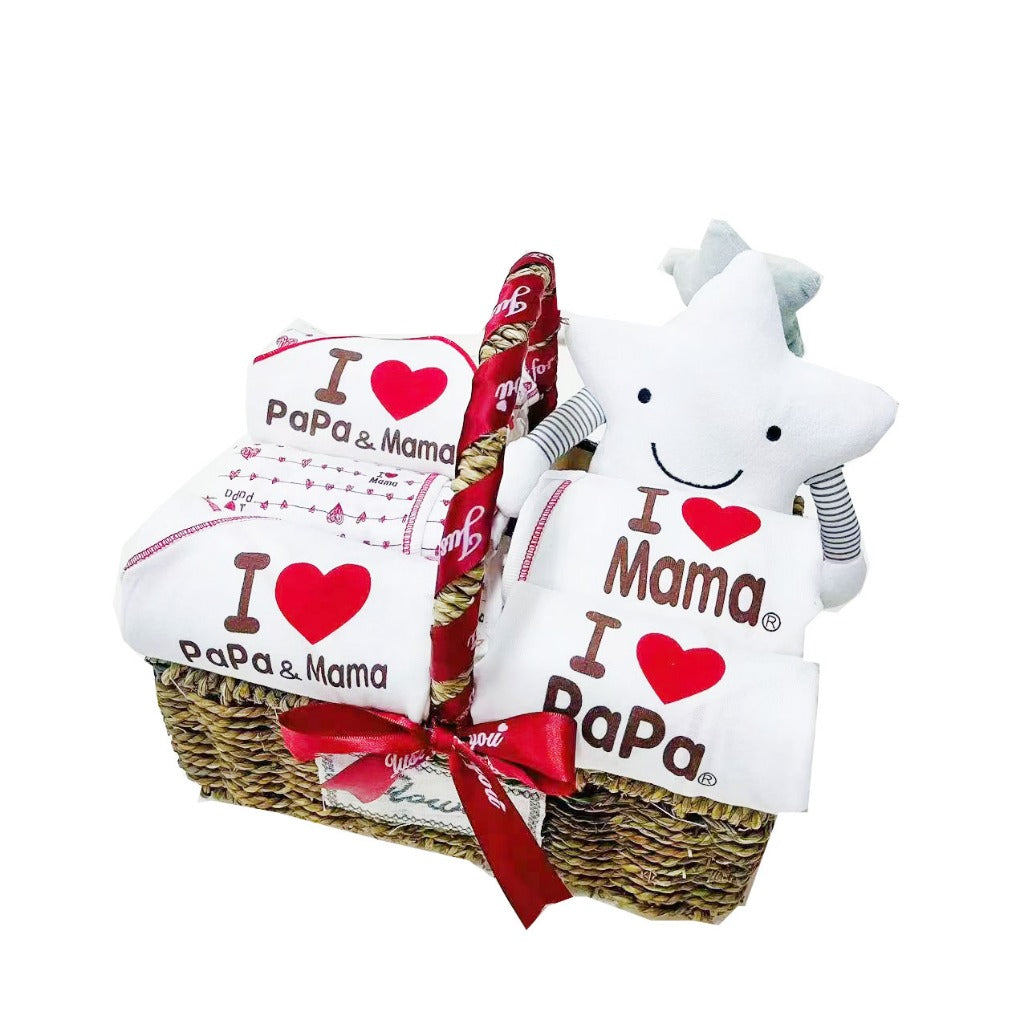 JP Newborn Baby Shower Basket Hamper Gift Sets "I love papa mama" 0-6months Musical Rattle Clothes all in one Pack