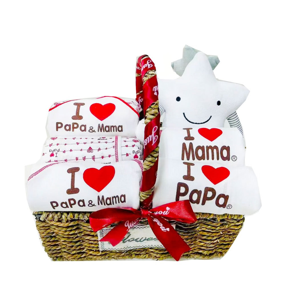 JP Newborn Baby Shower Basket Hamper Gift Sets "I love papa mama" 0-6months Musical Rattle Clothes all in one Pack