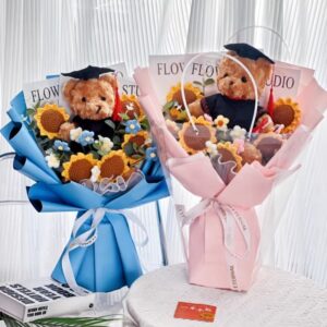 Unique Cartoon Doctor Bear Sunflower Bouquet – Cute and Creative Graduation Gift for Students, Girls, Boys, and Friends, Fun and Thoughtful Celebration Present for Achievements and Special Moments