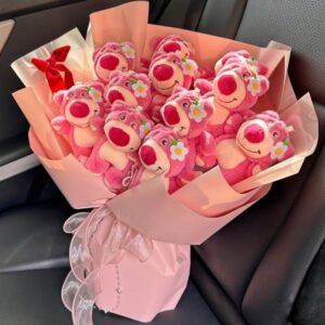 Cute Cartoon Pink Bear Doll Bouquet with Giftbag, Light String & Greeting Card – Perfect Gift for Girlfriend or Best Friend, Adorable Floral Arrangement for Birthdays, Anniversaries, and Special Occasions