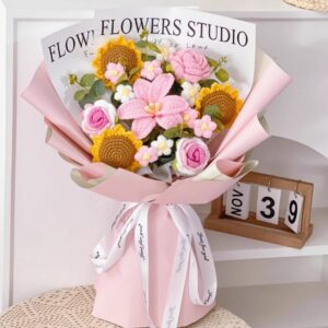 Birthday Gift for Girlfriend, Sunflower Knitted Bouquet with Romantic Valentine’s Day Seven Flower Weaving, Handmade Floral Arrangement for Girls, Besties, and Loved Ones, Perfect for Anniversaries or Special Occasions