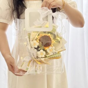 Handmade Knitted Sunflower & Rose Bouquet with Transparent Handbag – Ideal Birthday Gift for Girls, Charming Floral Design, Unique and Thoughtful Floral Arrangement, Perfect for Special Occasions