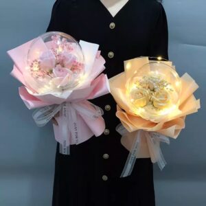 Cute Cartoon Handmade Rose Bouquet with Gift Bag, Light String & Greeting Card – Perfect Gift for Girls & Teachers, Adorable Floral Arrangement for Birthdays, Special Occasions, and Thoughtful Surprises