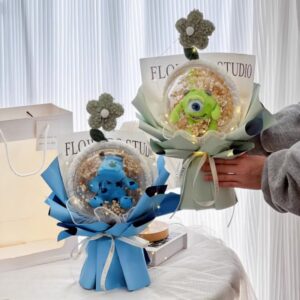 Creative Big Eyed Monster Blue Hair Doll Bouquet, Long Hair Gift for Girls or Boys, Unique Graduation Day Surprise, Fun and Playful Plush Toy for Special Occasions