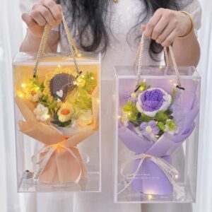 Cute Cartoon Woven Sunflower Bouquet with Gift Bag and Light String – Perfect Birthday Gift for Girlfriend or Best Friend, Adorable Floral Arrangement for Special Occasions, Thoughtful and Fun Surprise