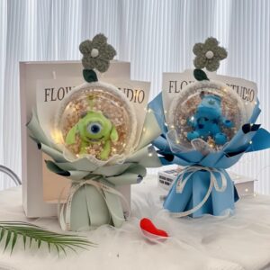 Creative Big Eyed Monster Blue Hair Doll Bouquet, Long Hair Gift for Girls or Boys, Unique Graduation Day Surprise, Fun and Playful Plush Toy for Special Occasions