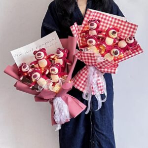 Cute Cartoon Pink Bear Doll Bouquet with Giftbag, Light String & Greeting Card – Perfect Gift for Girlfriend or Best Friend, Adorable Floral Arrangement for Birthdays, Anniversaries, and Special Occasions